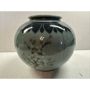 Hand Painted Celadon Studio Pottery Vase Green Crackle Glaze Floral Asian Signed